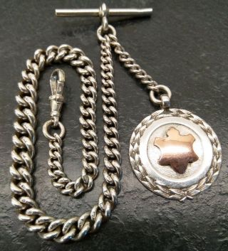 Old Vintage Solid Silver Graduated Albert Pocket Watch Chain & Fob.  1929 - 30.