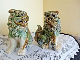 Vintage Pair Chinese Ceramic Lion Foo Dogs Green/blue Unmarked 5 - 3/4 "