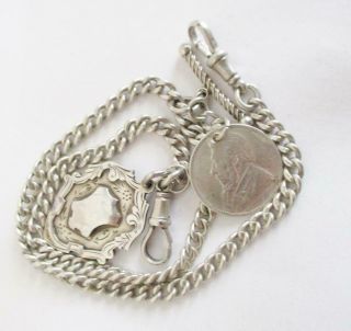 Antique Silver Double Albert Watch Chain 1894 S.  African Shilling,  Clips,  T - Bar,  Fob