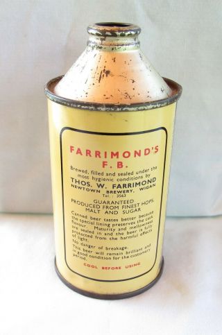 Vtg Farrimond ' s F.  B.  Cone Top Beer Can - Newtown Brewery,  Wigan - British Patent 2