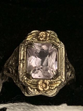 Antique 14k White Gold 1.  0 Ct Amethyst Art Deco Filigree Ring Sz 6