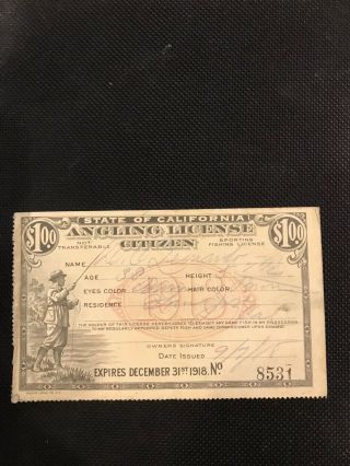 Vintage California Fishing License 1918