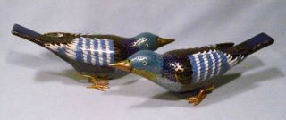 Vintage Cloisonne Enamel Gilded Gold Blue Bird Figurine Pair Set - Fabulous