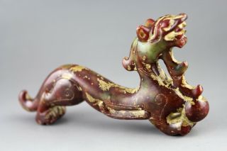 4.  9  Chinese old green red jade hand - carved dragon statue collect 1083 3