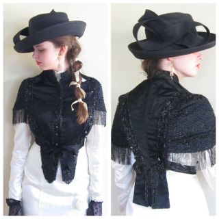 Antique 1800s Victorian Black Silk Beaded Fringe Pelerine Mantlet Jacket Cape