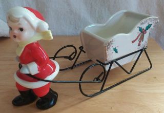 Vintage 1950s Norcrest Fina China Figure Boy In Santa Claus Suit Pulling Sleigh