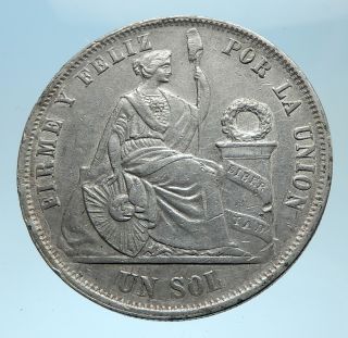 1865 Peru South America 1 Sol Antique Big Silver Peruvian Coin I77979