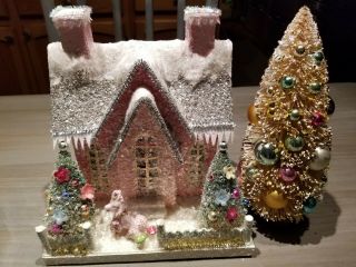 Most Awesome Vintage Christmas Putz Glitter Cardboard House & Tree W/ Poodle