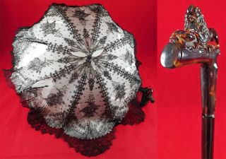 Victorian Antique Black Chantilly Bobbin Lace Carved Lion Handle Folding Parasol