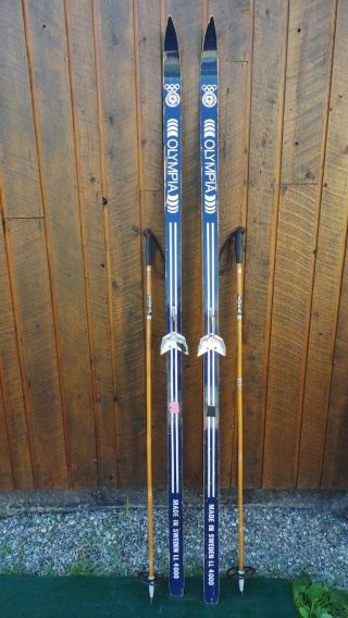 Vintage Wooden 81 " Skis Has Blue Finish Signed Olympia,  Bamboo Poles