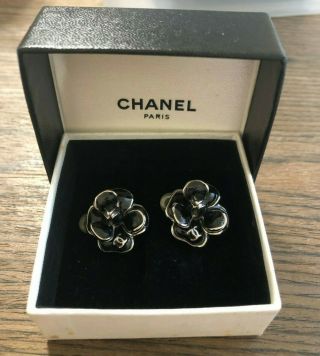 Authentic Rare Vintage Chanel Cc Logo Black Camellia Flower Hoop Clip Earrings