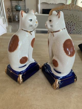 Vintage 2 FITZ & FLOYD Porcelain Cats on Blue Pillows Figurines Bookends 5