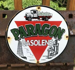 Vintage Paragon Porcelain Gas Service Station Pump Plate Sign