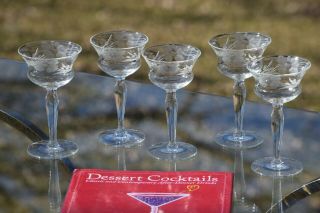 Vintage Etched Wine Cordials - Glasses,  Set Of 5,  3 Oz After Dinner Drinks