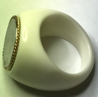 14k Yellow Gold White Agate Stone Italian Lira Coin Ring Made In Italy