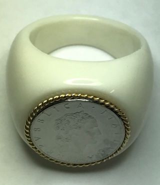 14K Yellow Gold White Agate Stone Italian Lira Coin Ring Made In Italy 2