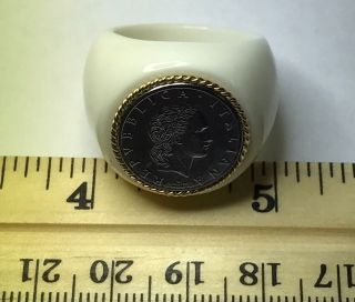 14K Yellow Gold White Agate Stone Italian Lira Coin Ring Made In Italy 4