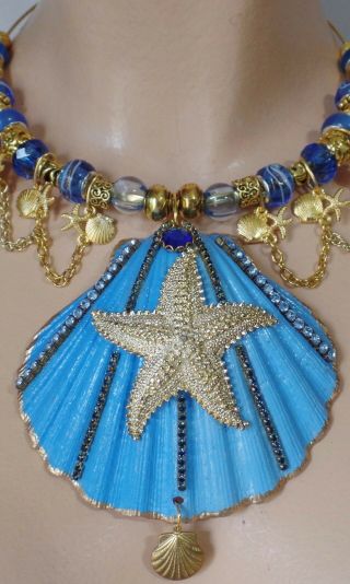 Hand Painted Seashell Necklace Earrings Vintage Starfish One of a Kind 5