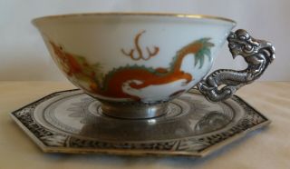 Vietnam 900 Silver & Porcelain Cup & Saucer Dragon Motif - 73 Gram Silver 5