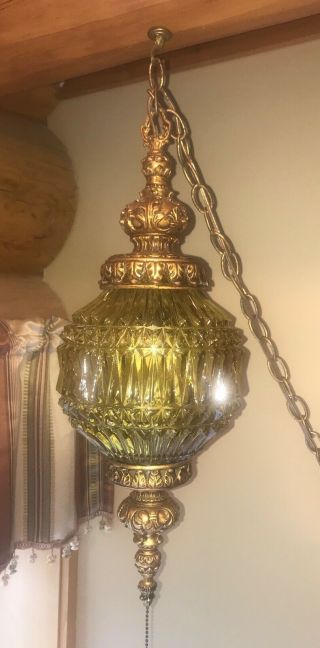 Vintage 1960s Fredrick Raymond Hanging Swag Lamp Chartreuse Glass Antique Brass
