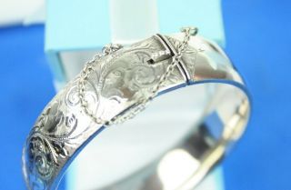 Vintage Silver Georg Jensen Half Engraved Bangle Bracelet London Hallmark C1957 3