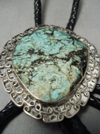 Marvelous Vintage Navajo Green Spiderweb Turquoise Sterling Silver Bolo Tie Old