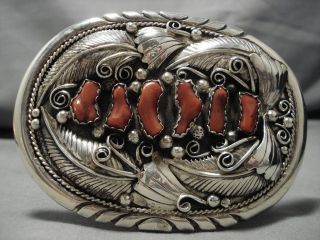 One Of The Biggest Vintage Navajo Coral Sterling Silver Navajo Buckle