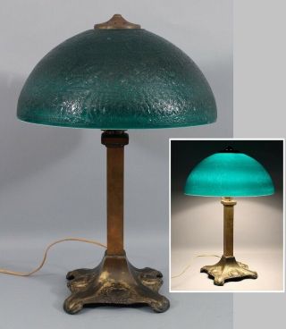 Antique Pittsburgh Chipped - Ice Textured Cased Green Glass Table Lamp Shade,  Nr