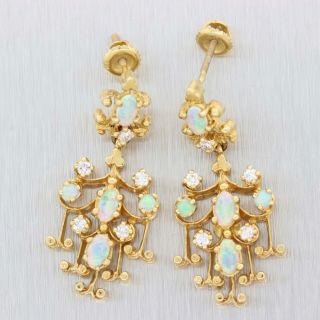 Vintage Estate Solid 14k Yellow Gold Fire Opal Diamond Chandelier Earrings