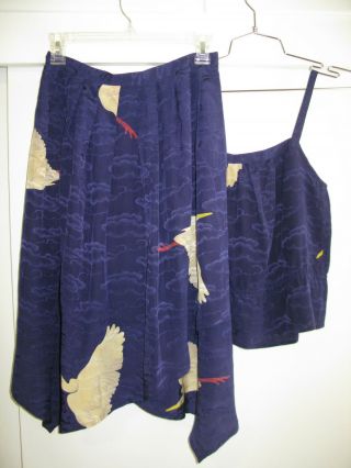 Jona 2 Piece Set Skirt,  Camisole 100 Silk Bird Motif Handkerchief Hem Korea