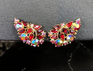 Trifari Jewellery Clip On Angel Wings Goldtone Red Aurora Borealis Earrings