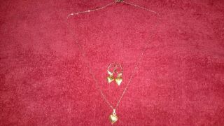Vtg Signed 14k Fl Gold Chain Necklace & Earrings Diamond Cut Heart Set Not Scrap