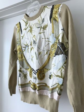 HERMES Paris Womens Blouse XS Silk Japanese Insects Flowers Vintage Wool 4