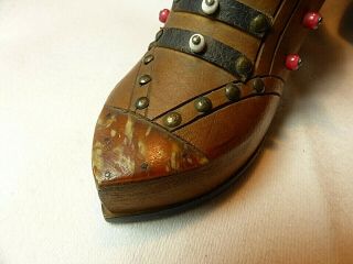 PAIR ANTIQUE WOODEN SHOE BOOT SNUFF BOX BOXES DICE IN SOLES LEATHER HORN DETAIL 9