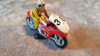 Vintage Japanese T.  N Nomura Tin Toy Friction Motorcycle Racing 30 - Moving Driver