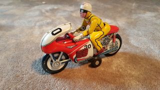 Vintage Japanese T.  N Nomura Tin Toy Friction Motorcycle Racing 30 - Moving Driver 2