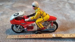Vintage Japanese T.  N Nomura Tin Toy Friction Motorcycle Racing 30 - Moving Driver 3