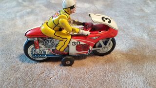 Vintage Japanese T.  N Nomura Tin Toy Friction Motorcycle Racing 30 - Moving Driver 6