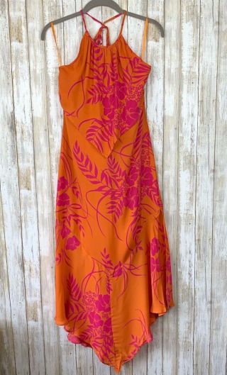 Sue Wong Pink Orange Hibiscus Floral Hawaii Halter Midi Silk Dress 4 Vintage Vtg