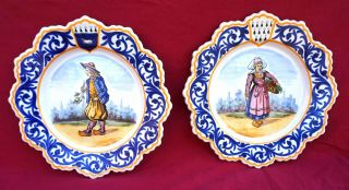 Henriot Quimper Vintage Couple Bretons Decor Riche Pair Plates Hand Painted