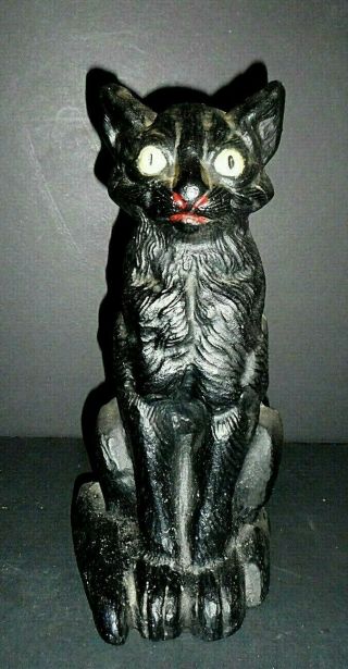 Antique Or Vintage Cast Iron Uppright Black Cat Door Stop Yellow Eyes - Wow