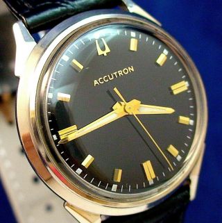 Bulova Accutron 214 Vintage 1966 10k Gf/ss Watch W/ Black Dial & Strap Rare