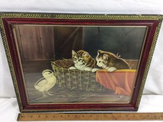 Antique Victorian Syobido’s Special Picture 1938 Kitten Chick Art Framed Print