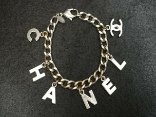 Chanel Bracelet Cc Logo Charm Silver Vintage Auth