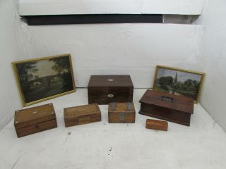 Group Of 6 Antique & Vintage Boxes,  2 Small Size Oil Paintings