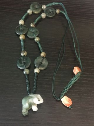 Jade Elephant Beads Disks Silk Cord Carnelian Slide Cord Necklace Green