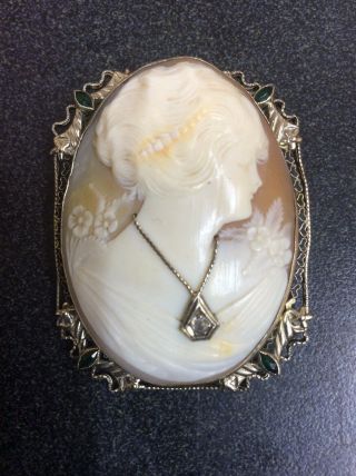 Vintage Shell Cameo Pin/brooch W/ Diamond.  Large 1.  75” 14k White Gold (13316)