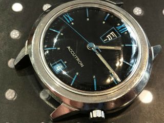 Vintage Bulova Accutron men ' s wristwatch rare blue dial up and down date 2182 3