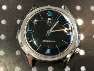 Vintage Bulova Accutron men ' s wristwatch rare blue dial up and down date 2182 9