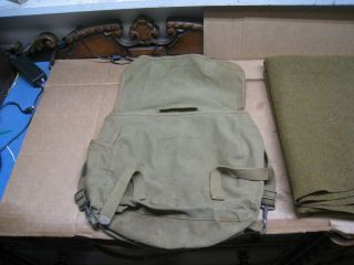 Vintage WWII Era Powers and Company 1941 Canvas Field Bag w/ Military Blanket 4